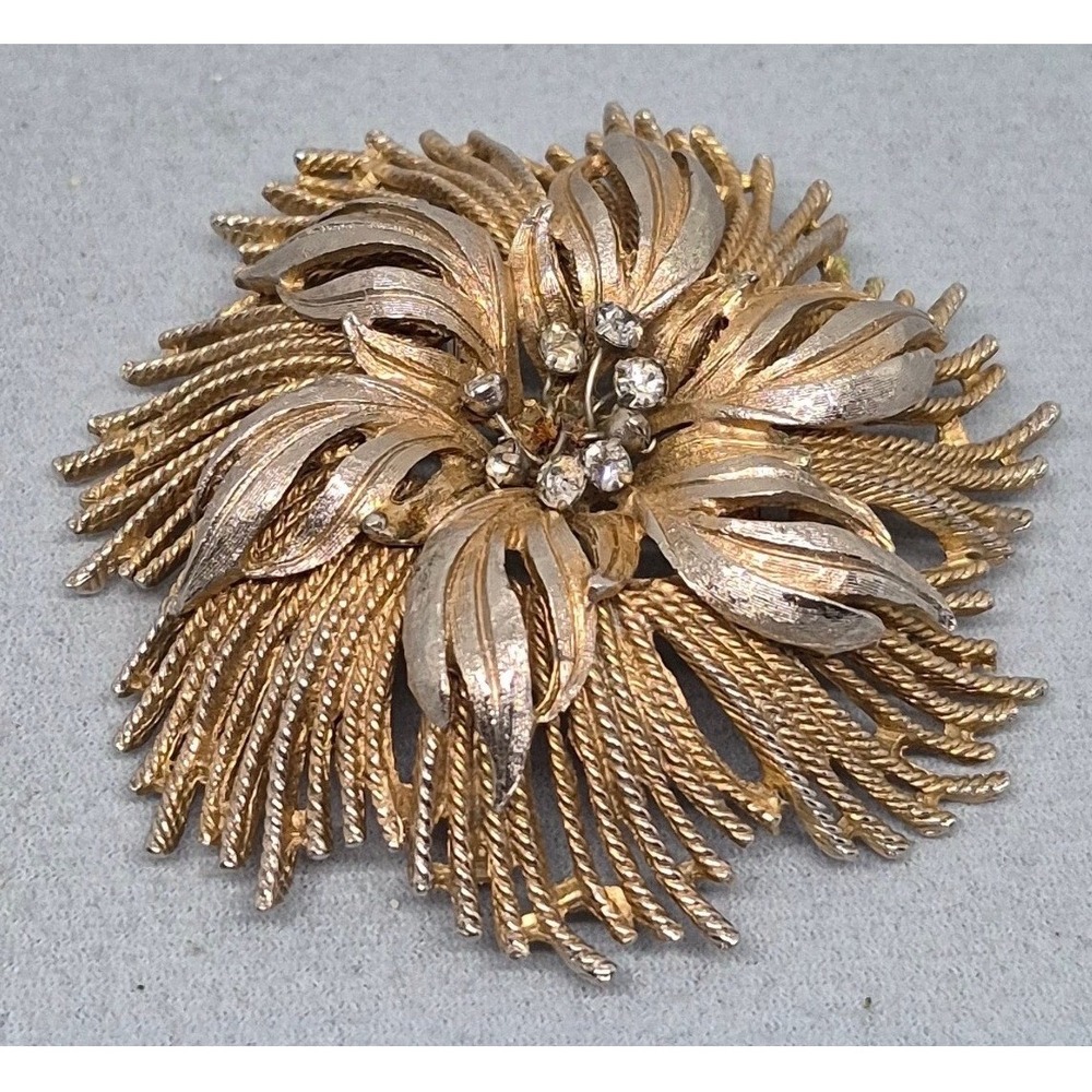Vintage HAR Brooch Woman Gold Silver Tone Rhinestone Layered Flower Sunburst